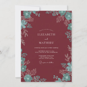 Maroon Turquoise Foliage Eucalyptus Wedding Invitation