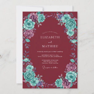 Maroon Turquoise Ranunculus Eucalyptus Wedding Invitation