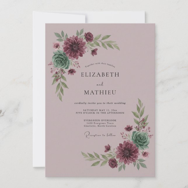 Maroon Verdant Flourish Wedding Invitation (Front)