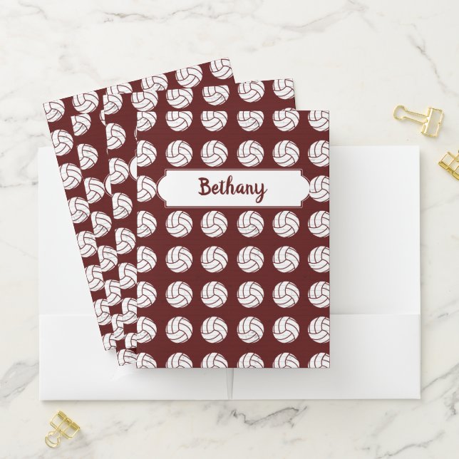 Maroon Volleyball Wood Floor Patterned Pocket Folder (In Situ)