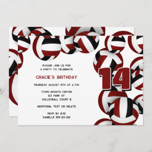 maroon volleyballs girls boys birthday party invitation