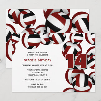 maroon volleyballs girls boys birthday party invitation