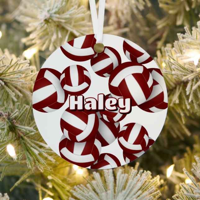 maroon volleyballs with athlete name keepsake metal ornament (Insitu)
