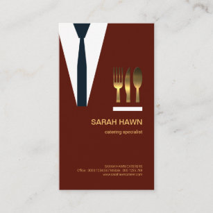 Maroon Waiter Suit Golden Fork Knife Spoon Business Card