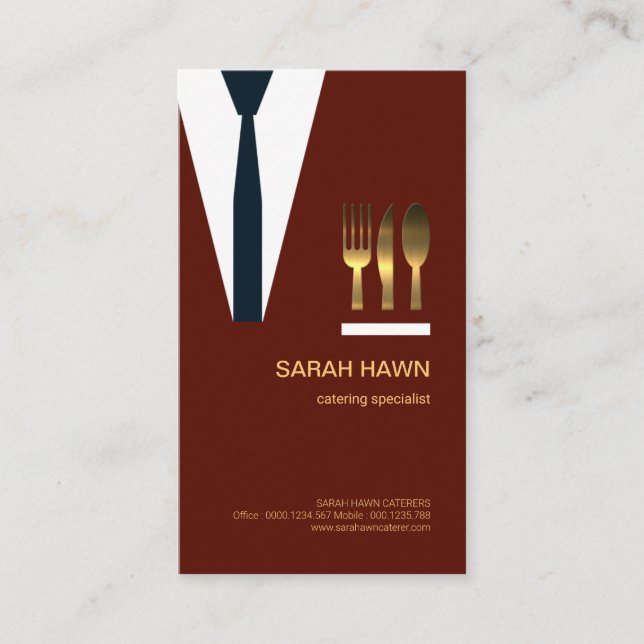 Maroon Waiter Suit Golden Fork Knife Spoon Business Card (Front)