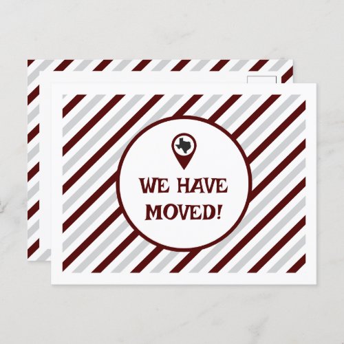 Maroon We Have Moved Striped Moving  Postcard