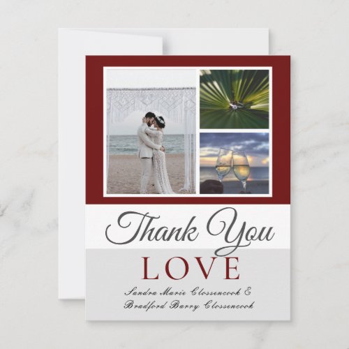 Maroon Wedding Photo collage Thank You Card