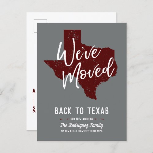 Maroon Weve Moved _ Texas Announcement Postcard