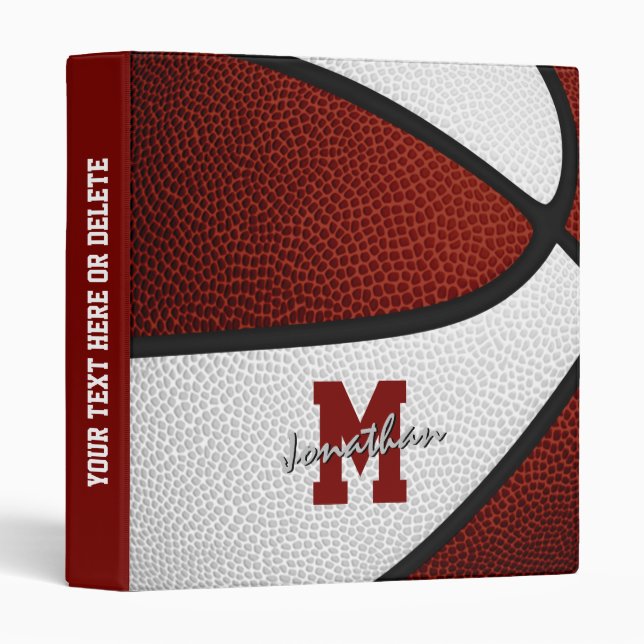 maroon white basketball boys girls monogrammed 3 ring binder (Front/Spine)