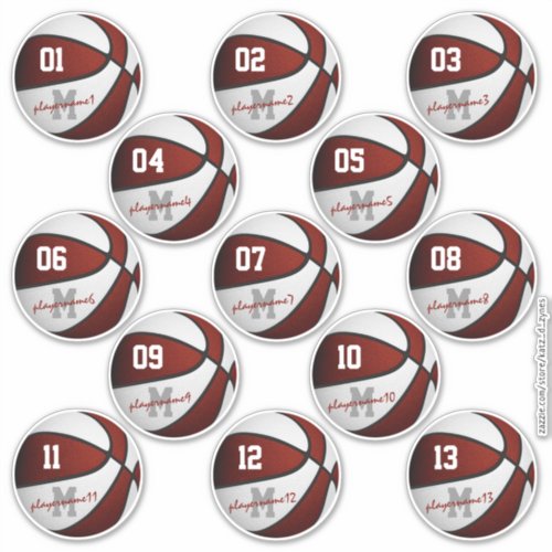 maroon white basketball custom 13 players names sticker