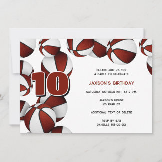 maroon white basketballs boys girls birthday party invitation