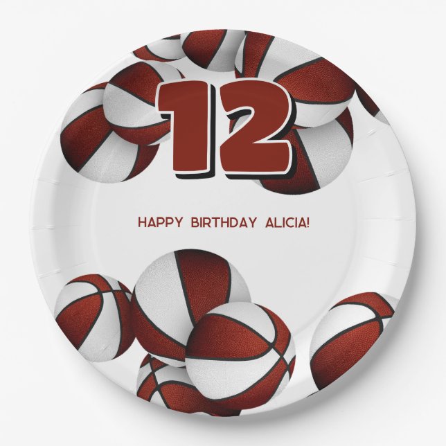 maroon white basketballs girls boys sports party paper plates (Front)