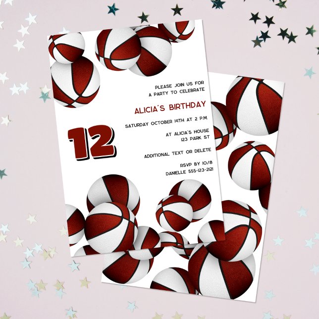 maroon white basketballs kids sports birthday invitation (front & back)