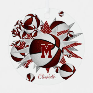 Maroon white basketballs stars personalized  metal ornament