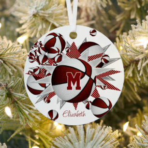 Maroon white basketballs stars personalized metal ornament
