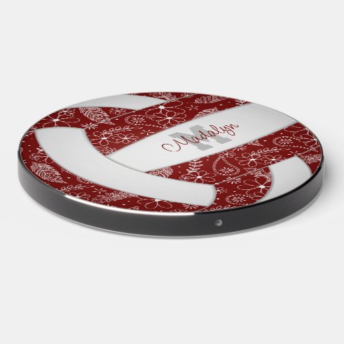 maroon white boho doodle pattern girls volleyball  wireless charger 