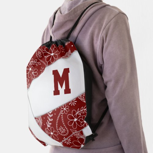 maroon white boho floral feathers volleyball drawstring bag