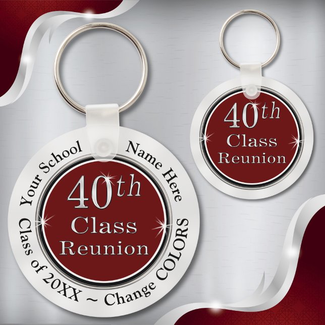 Maroon White Cheap 40th High School Reunion Ideas Keychain (40th class reunion favors. Cheap memorable, 40 year class reunion ideas. 40th class reunion gifts.)