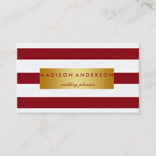 Maroon  White Chic Stripes in Gold Business Card