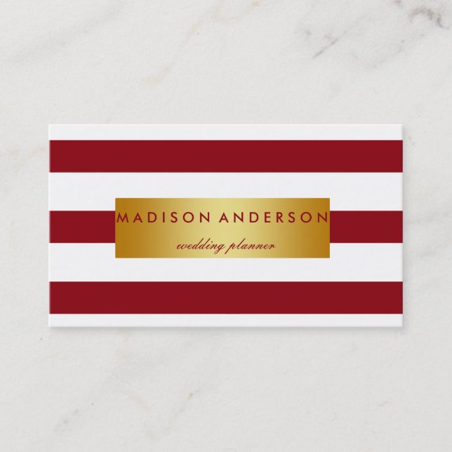 Maroon & White Chic Stripes in Gold Business Card (Front)