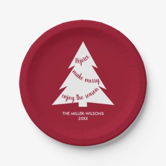 Maroon White Christmas Tree Name Holiday Party Paper Plate
