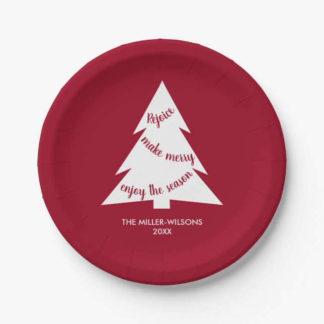Maroon White Christmas Tree Name Holiday Party Paper Plates (Front)