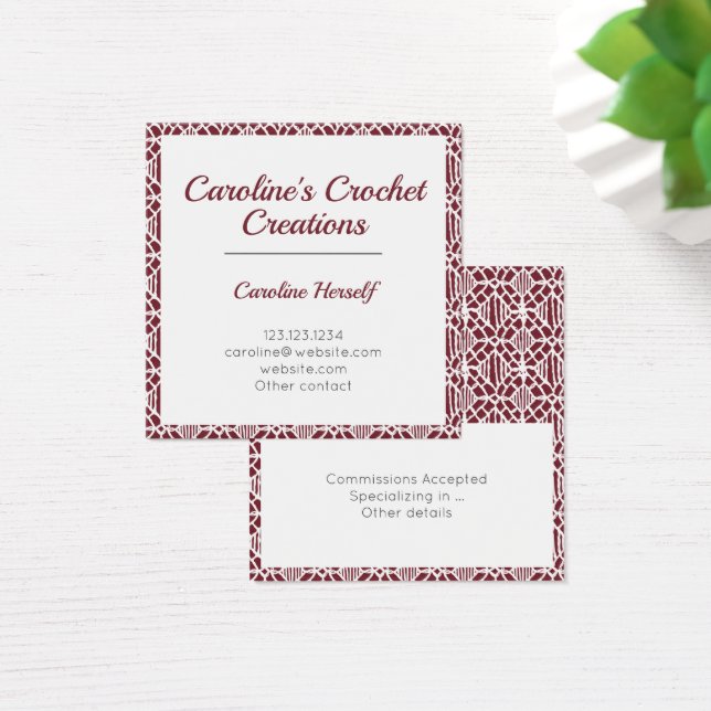 Maroon White Crochet Lace Pattern Business Card (Desk)