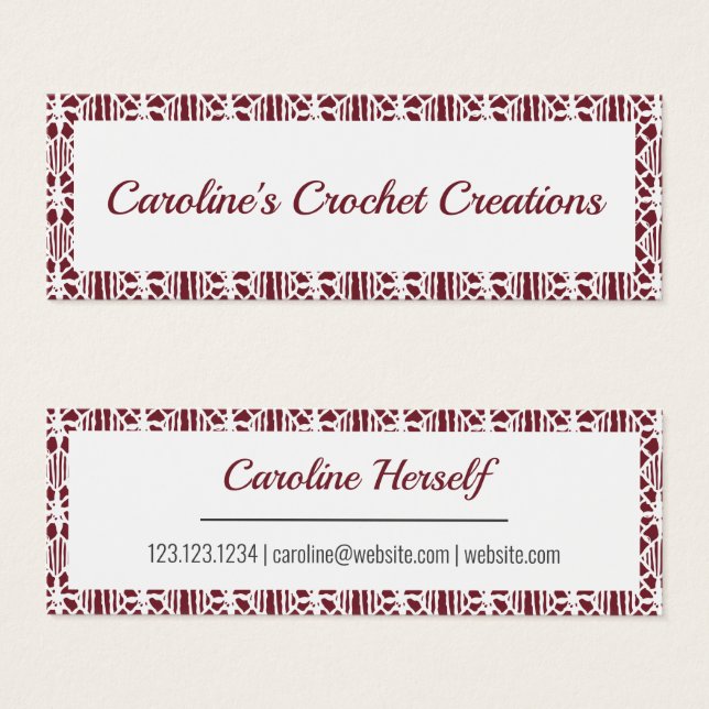 Maroon White Crochet Lace Pattern Business Card (Front & Back)