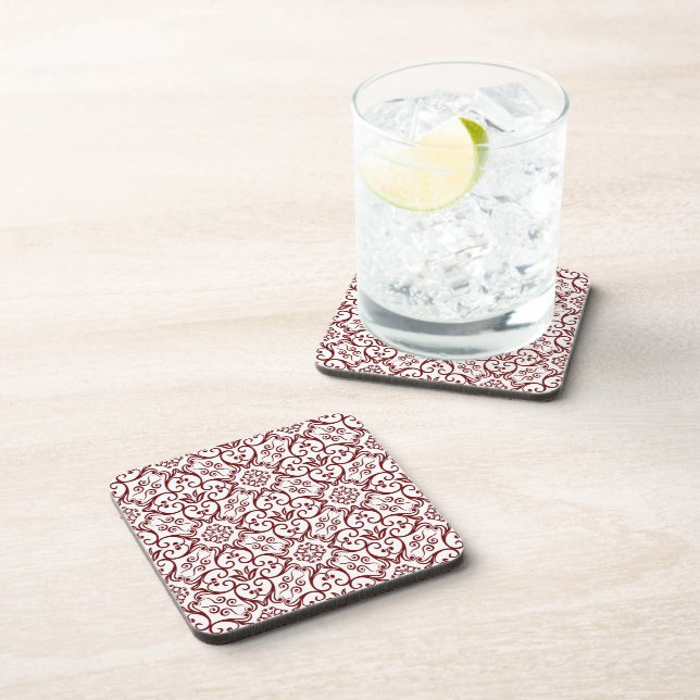 Maroon & White Damask Cork Coasters (Right Side)