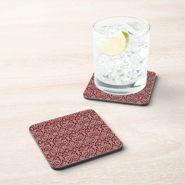 Maroon & White Damask Cork Coasters (Right Side)