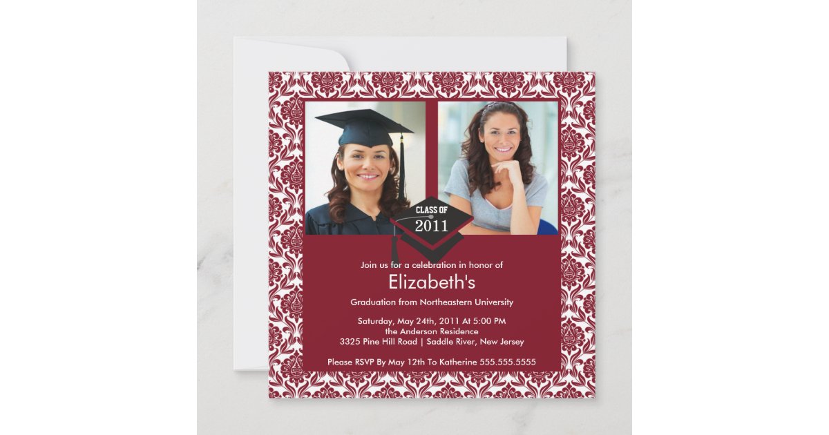 Maroon & White Damask Photo Graduation Invitation | Zazzle