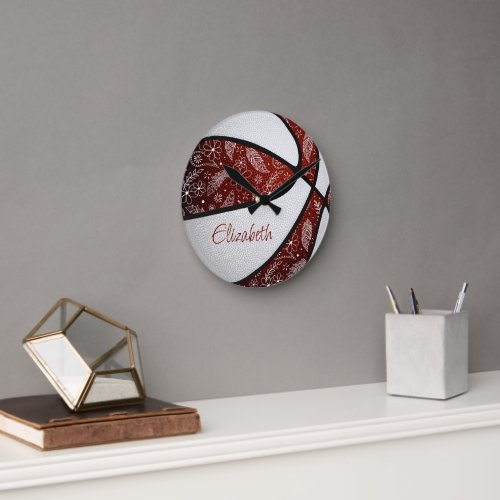 maroon white feather paisley doodles basketball round clock