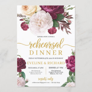 Maroon white floral roses gold rehearsal dinner invitation