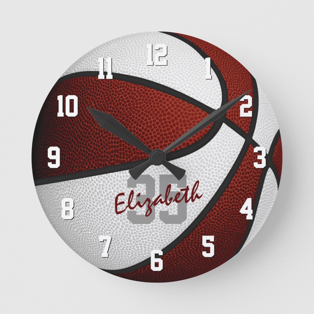 maroon white girls boys basketball personalized round clock