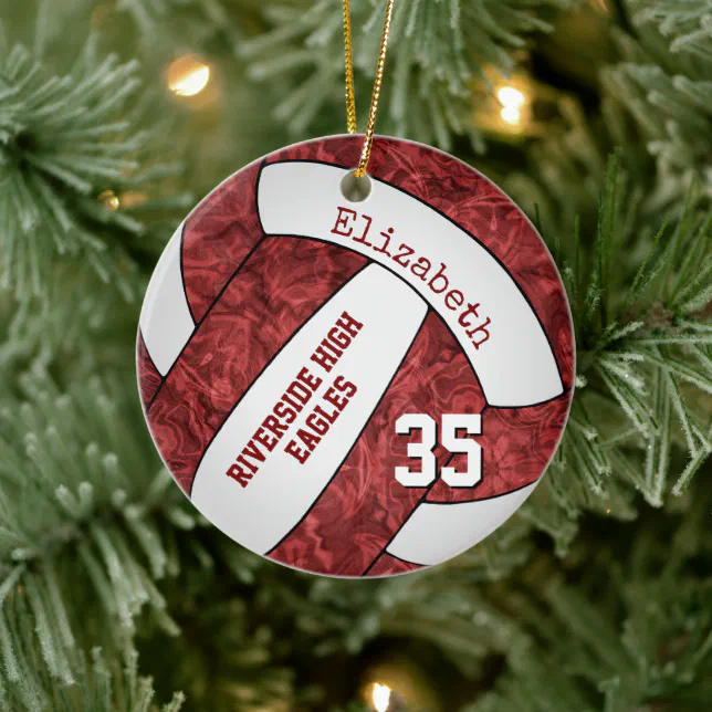 maroon white girls sports volleyball team memento ceramic ornament | Zazzle