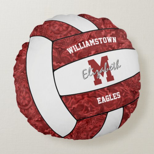 Maroon white girly volleyball team colors round pillow