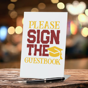 Maroon, White & Gold Guestbook Graduation Table Pedestal Sign