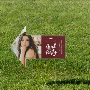Maroon White Grad Party Brush Script Photo  Sign