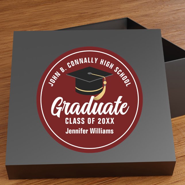 Maroon White Graduate Custom 2025 Graduation Party Classic Round Sticker (Creator Uploaded)