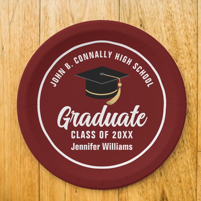 Maroon White Graduate Custom 2025 Graduation Party Paper Plates (Creator Uploaded)