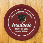 Maroon White Graduate Custom 2026 Graduation Party Paper Plates<br><div class="desc">This modern maroon and white custom graduation party paper plate features your high school or college name for the class of 2026. Customize with your graduating year under the bold handwritten script and grad cap for great personalized graduate decor. A modern commemorative party decoration for the senior class.</div>