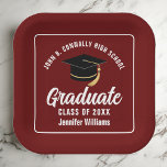 Maroon White Graduate Graduation Party Square Paper Plates<br><div class="desc">This modern maroon and white custom graduation party paper plate features classy typography of your high school or college name for the class of 2026. Customize with your graduating year under the chic handwritten script and black grad cap for great personalized graduate decor.</div>