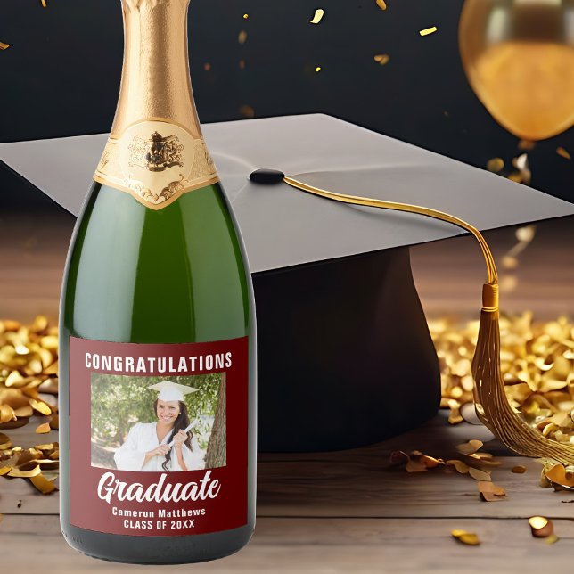 Maroon White Graduate Photo 2025 Graduation Party Sparkling Wine Label (Creator Uploaded)