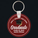 Maroon White Graduation Custom 2026 Graduate Keychain<br><div class="desc">This modern maroon and white custom senior graduate keychain features your high school or college name for the class of 2026. Customize with your graduating year under the bold handwritten script and grad cap for a great personalized graduation key chain gift.</div>