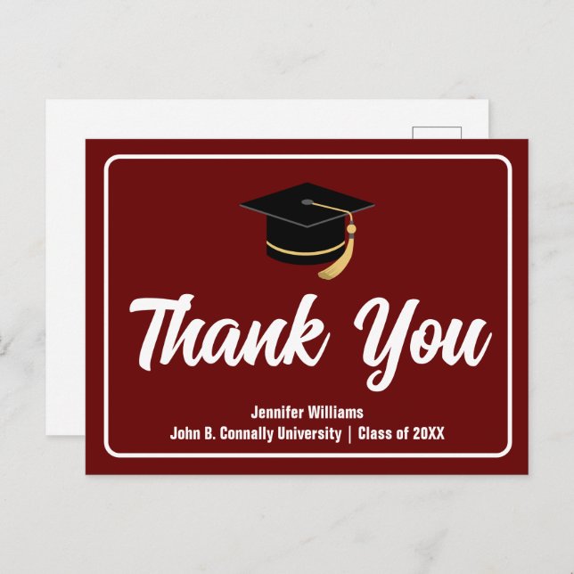 Maroon White Graduation Personalized Thank You Postcard (Front/Back)