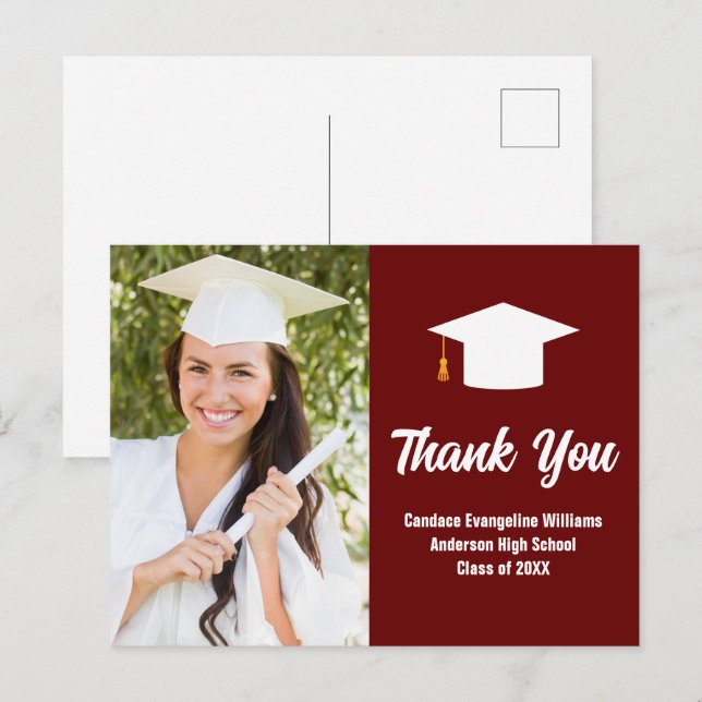 Maroon White Graduation Photo Custom Thank You Postcard (Front/Back)