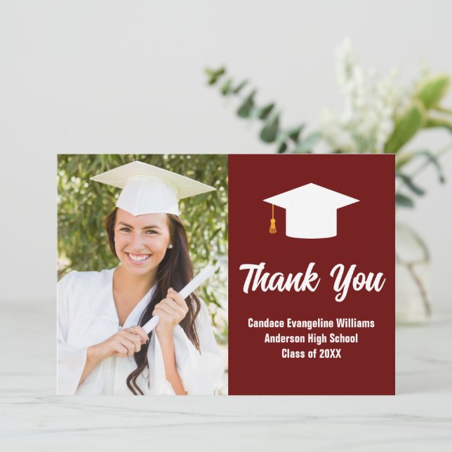 Maroon White Graduation Photo Personalized Thank You Card (Standing Front)