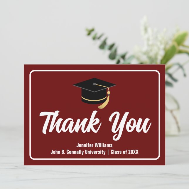 Maroon White Graduation Typography Custom Graduate Thank You Card (Standing Front)