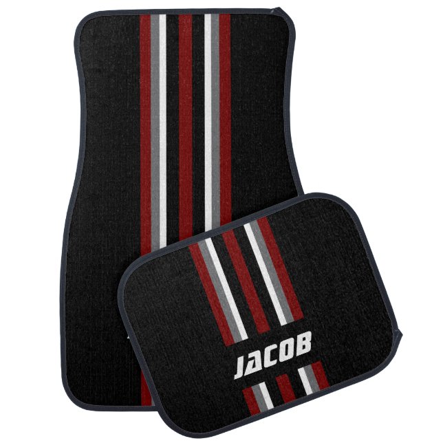Maroon, White, Gray Race Stripes on Black Car Floor Mat (Set)
