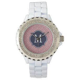 Maroon & White Greek Key Pattern Watch